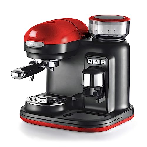 Ariete 1318 Machine Expresso avec Moulin à Café Intégré Moderne pour Café en Grains et en Poudre, Mousseur à Lait, Filtre 1 et 2 Tasses, 1080 W, 800 Cubc_Centimeters, 15, Rouge